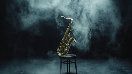 A golden saxophone leaning against a stool, surrounded by faint wisps of fog on a black studio background.の素材