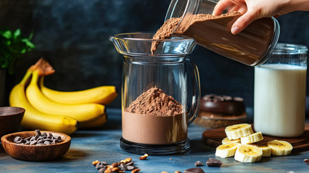 A hand pouring chocolate protein powder into a blender with milk and bananas nearby.の素材
