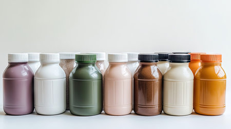 A group of protein drink bottles in various flavors, neatly arranged on a white background.の素材