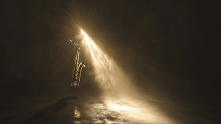 A glowing spotlight illuminating a solo saxophone standing upright, surrounded by faint smoke trails.の素材
