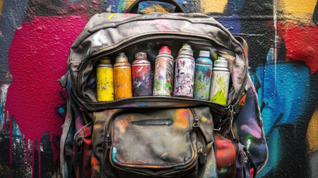 A graffiti artist's backpack unzipped to reveal an assortment of spray paint cans and supplies.の素材