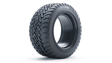 A professional car tire displayed against a blank background, highlighting its durability and tread structure.の素材