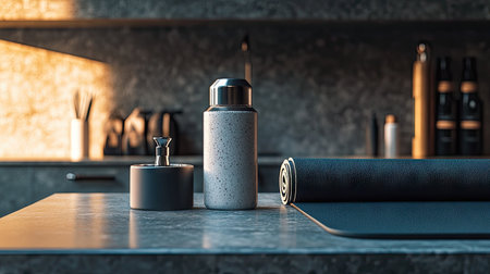 A gym counter with a shaker bottle, protein powder container, and a rolled-up yoga mat.の素材