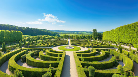 A labyrinth of neatly trimmed green hedges with a central circular clearing, under a bright blue sky.の素材