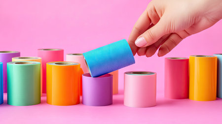 A hand picking up a roll of blue self-adhesive tape from a set of colorful tape rolls.の素材