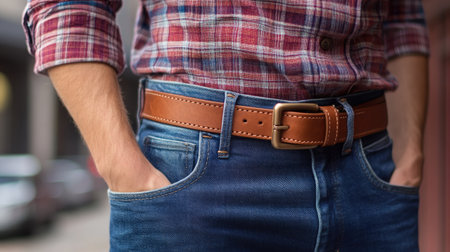 A man in slim-fit jeans and a plaid shirt, showcasing a tan leather belt with a polished buckle.の素材