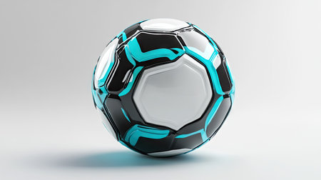 A glossy soccer ball with futuristic blue and black accents, floating against a white background.の素材
