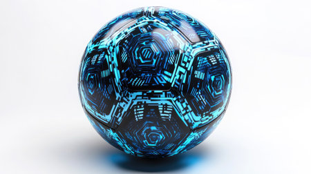 A high-tech soccer ball with a digital-inspired blue and black pattern, centered on a pure white background.の素材