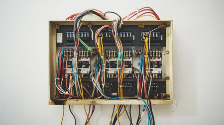 A junction box with multiple wires securely insulated with electrical tape and neatly arranged.の素材