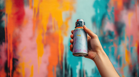 A hand holding a spray paint can in front of a blank wall, ready to create artwork.の素材