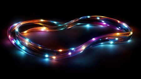 A glowing, fluid motion of colorful lights twisting and turning, leaving behind luminous trails in the dark.の素材