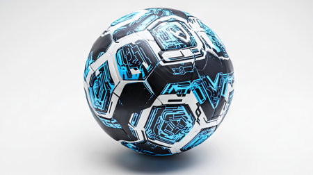 A high-tech soccer ball with a digital-inspired blue and black pattern, centered on a pure white background.の素材