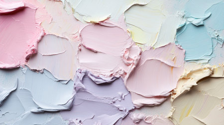 A minimalist palette with fresh paints, as a brush mixes soft pastel shades into a creamy blend.の素材