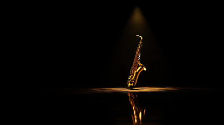 A golden alto saxophone shining under a spotlight on a glossy black surface, elegant and detailed, with subtle reflections and shadows.の素材