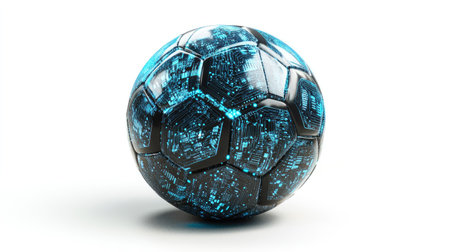 A high-tech soccer ball with a digital-inspired blue and black pattern, centered on a pure white background.の素材