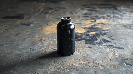 A lone black spray paint can standing upright on a textured concrete floor with paint splatters around.の素材