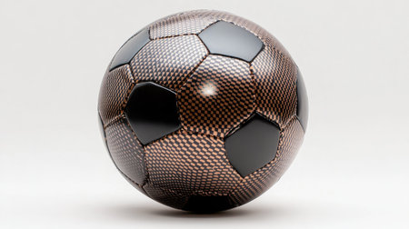 A modern soccer ball with carbon fiber detailing and reflective highlights, on a plain white background.の素材