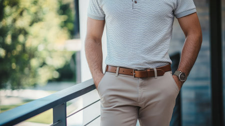 A man in a tucked-in polo shirt with a leather belt and chinos, leaning against a modern railing.の素材