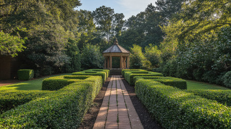 A maze of green hedges leading to a hidden gazebo at the center, surrounded by scenic greenery.の素材