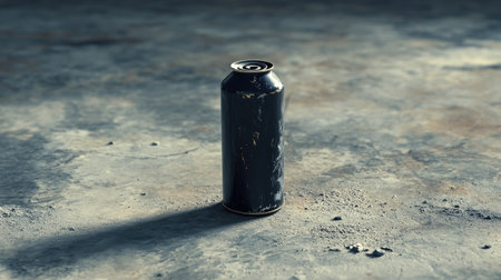 A lone black spray paint can standing upright on a textured concrete floor with paint splatters around.の素材