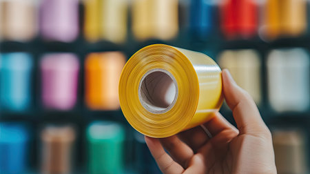 A hand holding a partially peeled roll of yellow adhesive tape, with a blurred row of other rolls in the background.の素材