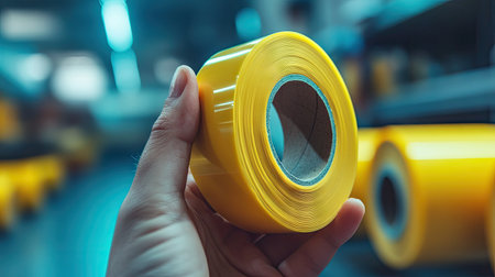A hand holding a partially peeled roll of yellow adhesive tape, with a blurred row of other rolls in the background.の素材