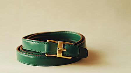 A green leather belt coiled neatly with gold hardware, set against a minimalistic beige backdrop.の素材