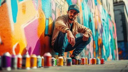 A graffiti artist crouching next to a wall, surrounded by spray paint cans in vibrant colors.の素材