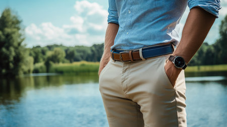A man in a casual weekend outfit, wearing a blue belt with matching accessories, standing by a lake.の素材