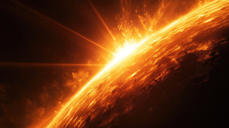 A glowing orange sun flare with dramatic beams of light extending diagonally across a black background.の素材
