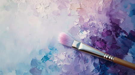 A palette covered in pastel shades, with a brush blending lavender and pink hues.の素材