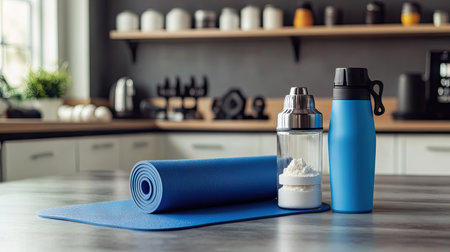 A gym counter with a shaker bottle, protein powder container, and a rolled-up yoga mat.の素材
