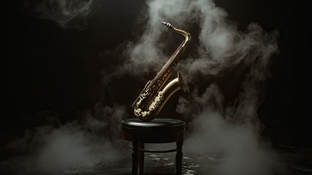 A golden saxophone leaning against a stool, surrounded by faint wisps of fog on a black studio background.の素材
