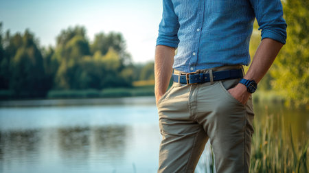 A man in a casual weekend outfit, wearing a blue belt with matching accessories, standing by a lake.の素材