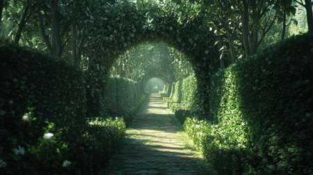 A narrow pathway between tall green hedges in a labyrinth, leading to an unknown destination.の素材