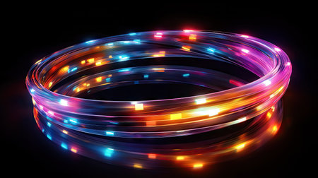 A glowing, fluid motion of colorful lights twisting and turning, leaving behind luminous trails in the dark.の素材