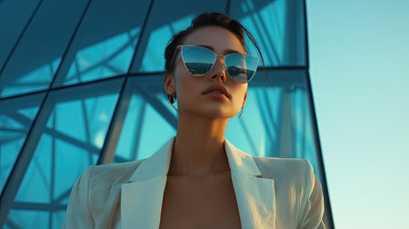 A modern woman in slim-fit sunglasses and a cropped jacket, standing against a futuristic glass structure.の素材