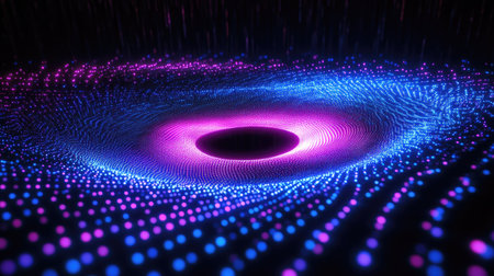 A mesmerizing dance of blue and pink lights swirling and fading in a dark space, creating a serene glow.の素材