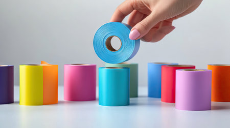 A hand picking up a roll of blue self-adhesive tape from a set of colorful tape rolls.の素材