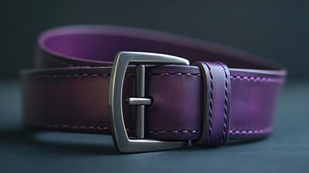 A minimalist display of a purple leather belt rolled neatly with its buckle facing forward.の素材