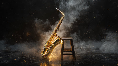 A golden saxophone leaning against a stool, surrounded by faint wisps of fog on a black studio background.の素材