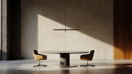 A minimalist meeting area with a round table, modern chairs, and sleek pendant lighting in an empty office space.の素材