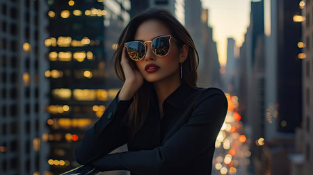 A modern woman in angular sunglasses and a minimalist black outfit, leaning on a railing with city lights behind her.の素材
