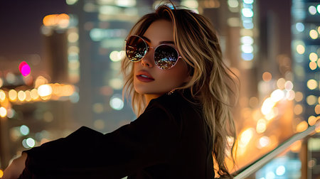 A modern woman in angular sunglasses and a minimalist black outfit, leaning on a railing with city lights behind her.の素材