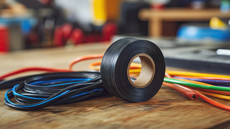 A roll of electrical tape in black, lying beside colorful wires on a wooden workbench.の素材