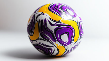 A modern soccer ball with a bold purple and yellow graphic design, resting on a clean white surface.の素材