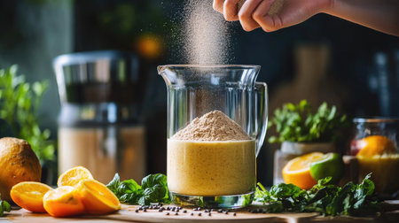 A hand sprinkling protein powder into a smoothie, with a blender and fresh ingredients nearby.の素材