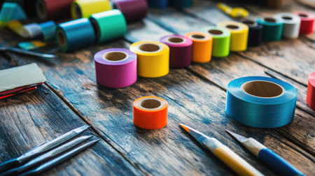 A high-angle shot of multi-colored adhesive tape rolls on a rustic wooden table, with crafting tools nearby.の素材