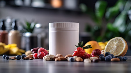 A premium whey protein container with a clean design, surrounded by fresh fruits and nuts.の素材