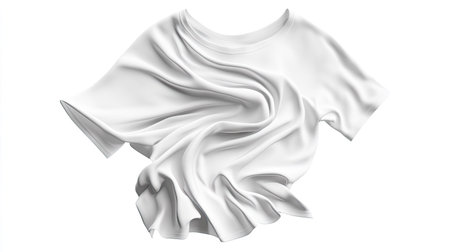 A loose white t-shirt fluttering mid-air, creating soft, flowing folds on a clean white background.の素材